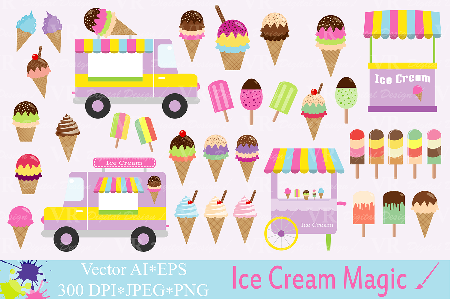 Ice cream Clipart / Summer graphics / Ice cream truck, stand, cones and  popsicles vector illustrations.