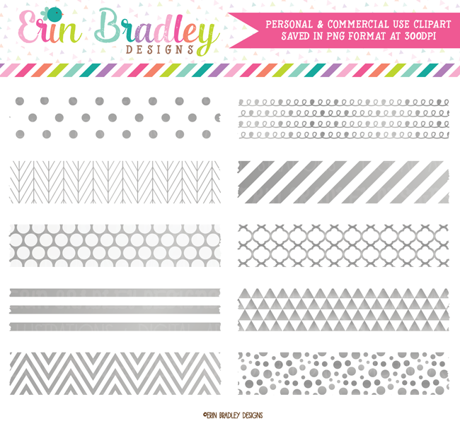 Silver Foil Digital Washi Tape Clipart.