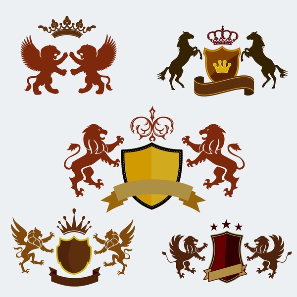 Royal logo sets design with crest and animals Free vector in Adobe.