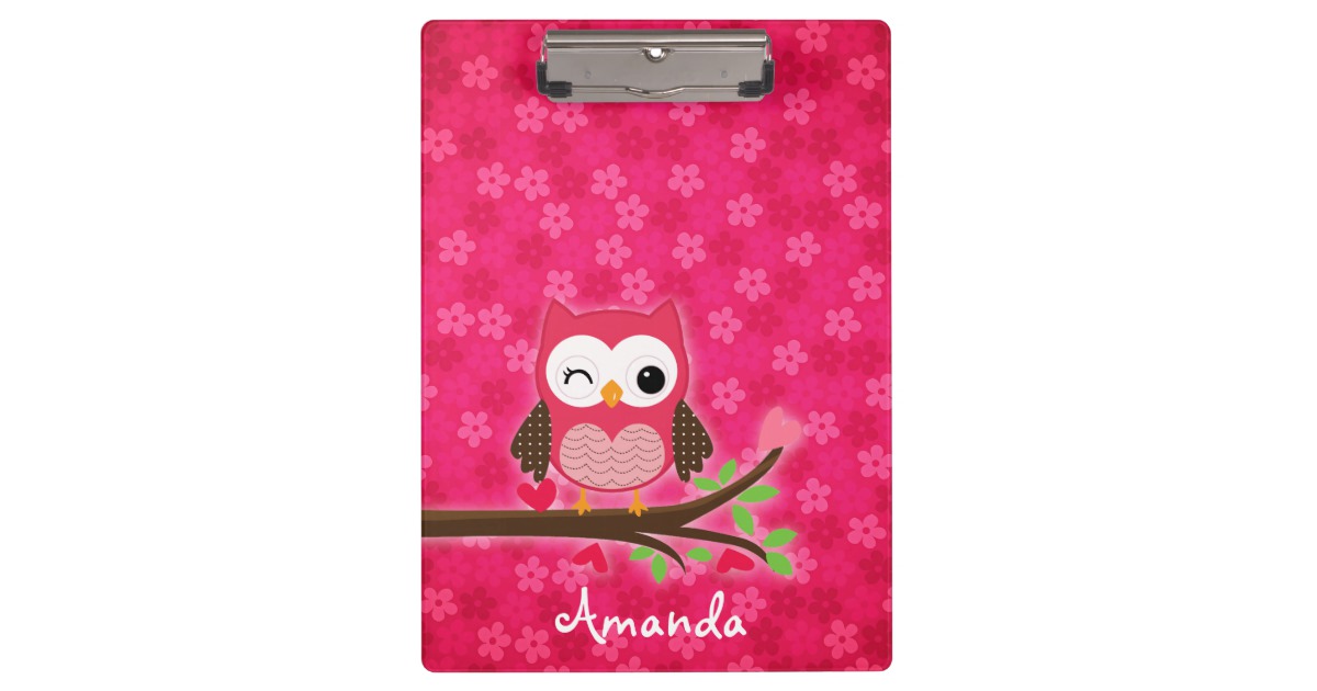 Hot Pink Cute Owl Girly Personalized Clipboard.