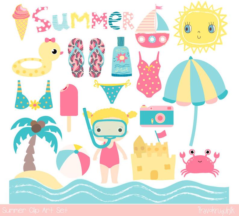 Cute pink summer clip art, Beach holiday clipart vacation, Kid set clipart  child, sun, snorkel girl, swimsuit, sunscreen, boat, ice cream.