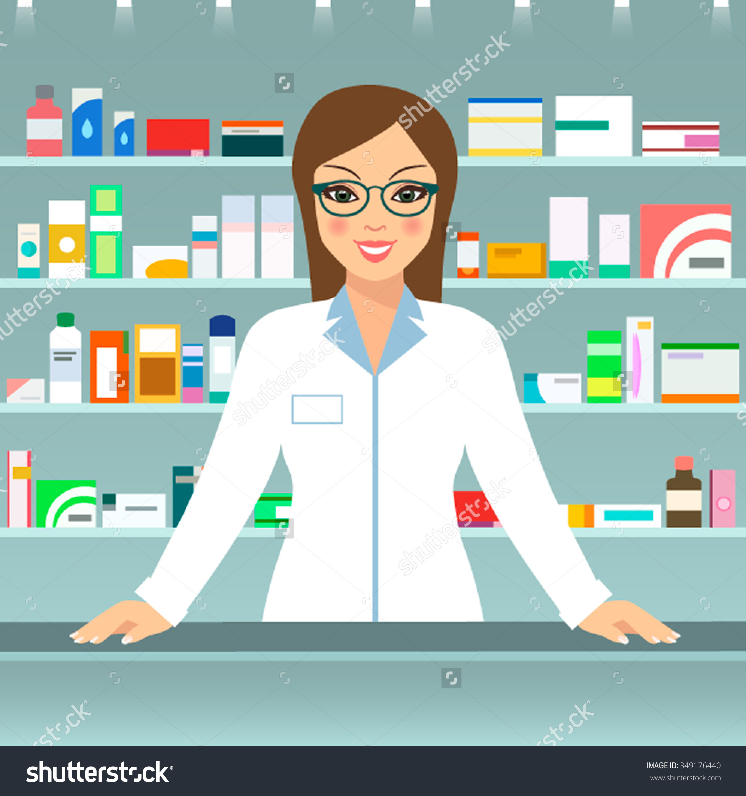 Modern Illustration Smiling Female Pharmacist Counter Stock Vector.