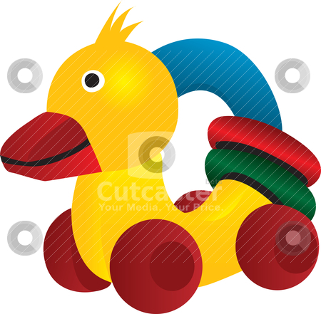 Rubber duck with wheels and colored circle stock vector.