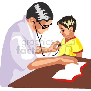 doctor listening to a child\'s heart clipart. Royalty.