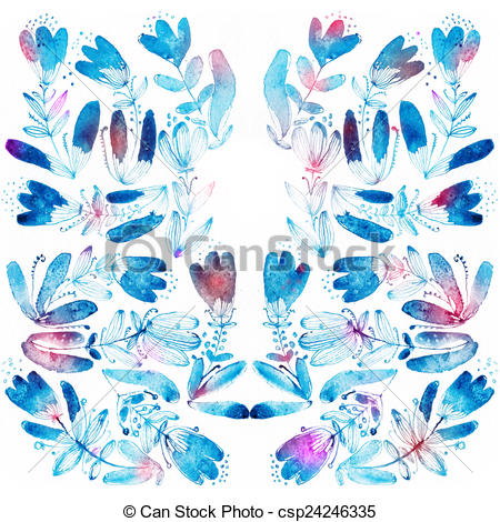 Drawings of Blue watercolor flowers edging..