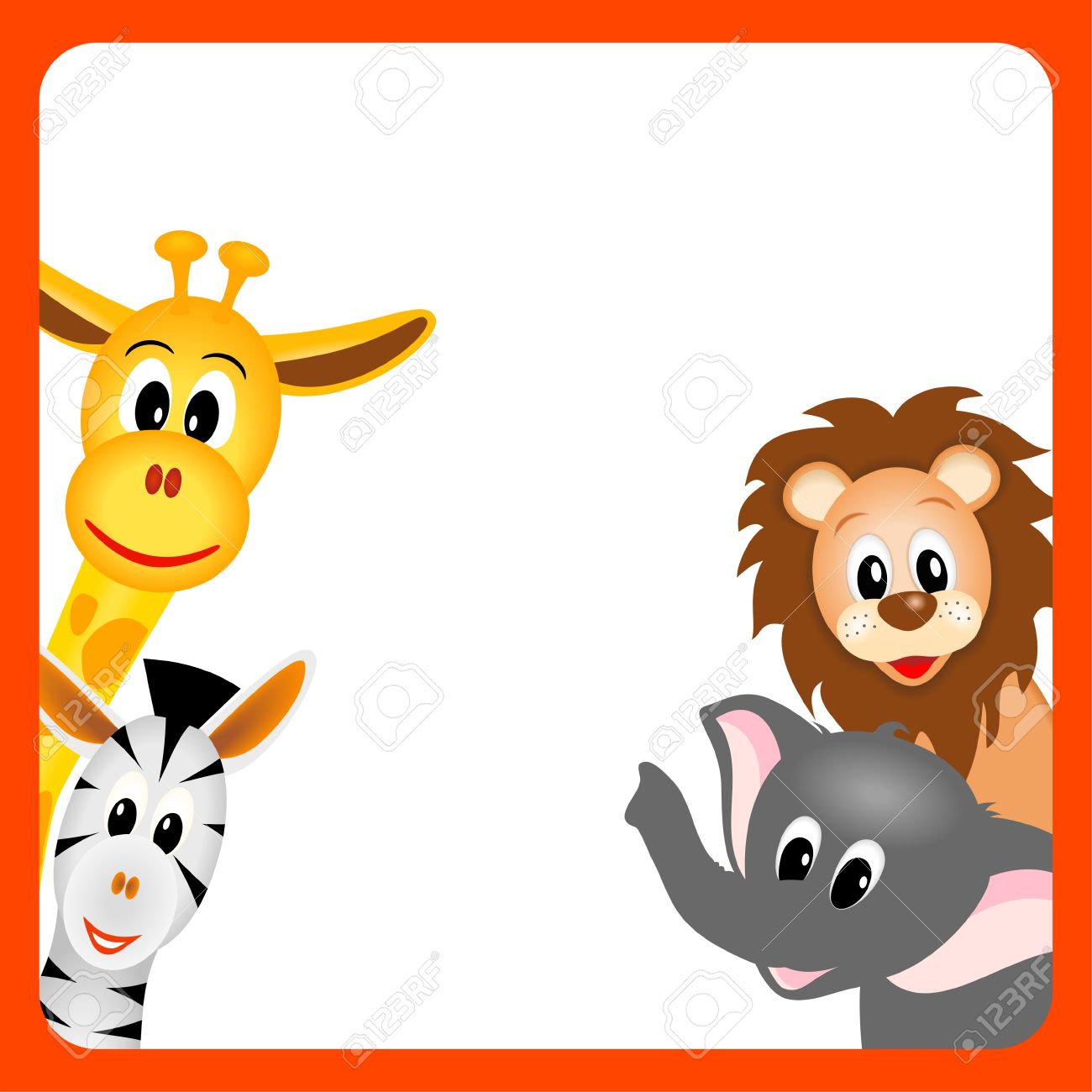 Little Giraffe, Elephant, Zebra And Lion On White Background.