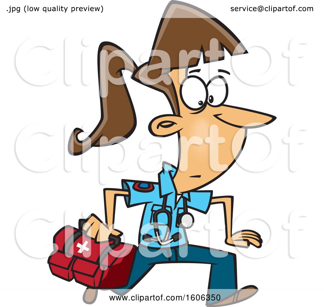 Clipart of a Cartoon Running White Female EMT with a First Aid Kit.