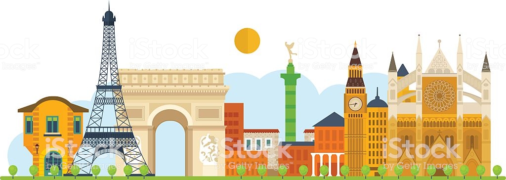 Travel To Europe French And England Landmarks Stock Illustration.