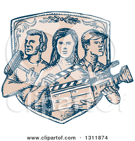 Clipart of a Sketched Shield with Film Crew Workers.