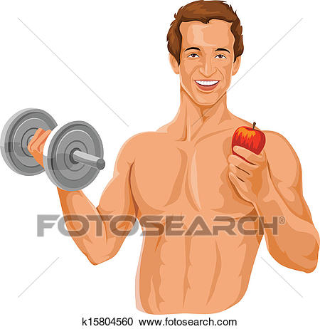 Vector of fit man holding dumbbell and an apple. Clipart.