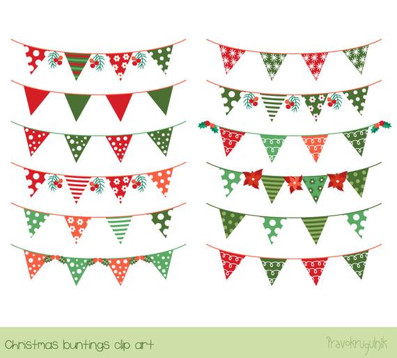 Christmas bunting clipart, Banner flag clip art, Holiday garland clipart,  Red green festive clipart, xmas mistletoe dot stripe cute.