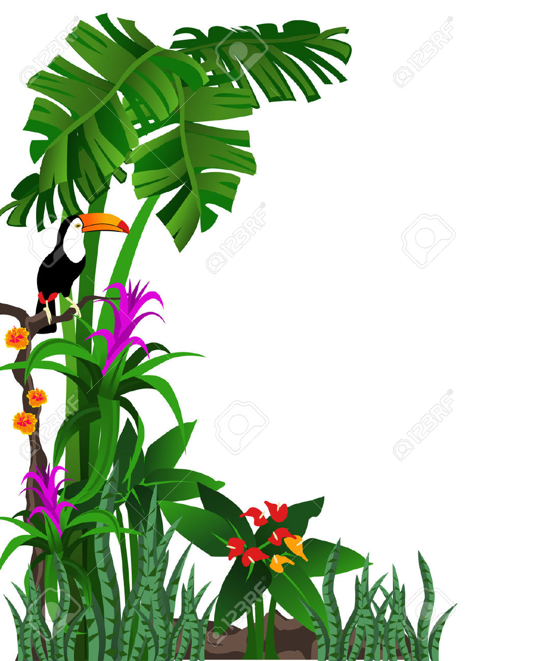 Background Illustration Of A Tropical Forest With Flowers And.