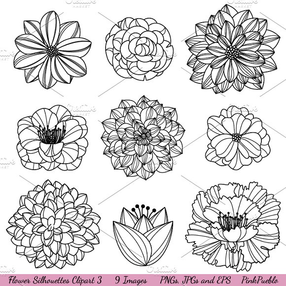 Flower Silhouettes 3 Vectors/Clipart.