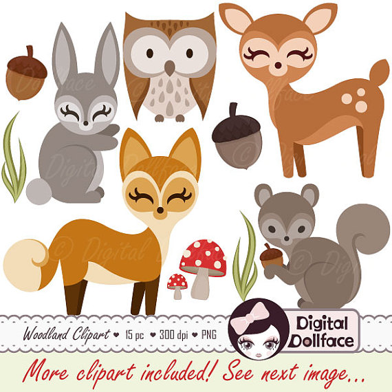 Woodland Forest Animal Clipart, Owl, Deer, Fox, Squirrel, Bunny.