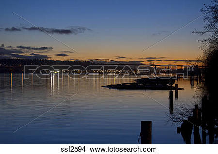 Stock Photo of Fraser River and Port Mann Bridge on a clear night.