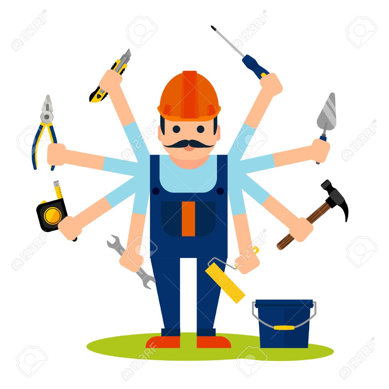 Flat style concept of handyman worker with 8 hands and tools...