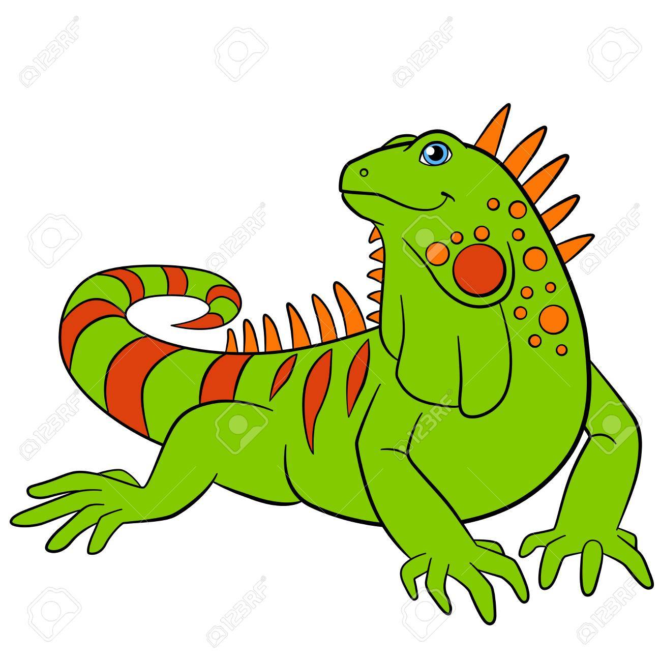 Cartoon animals. Cute green iguana sits and smiles..