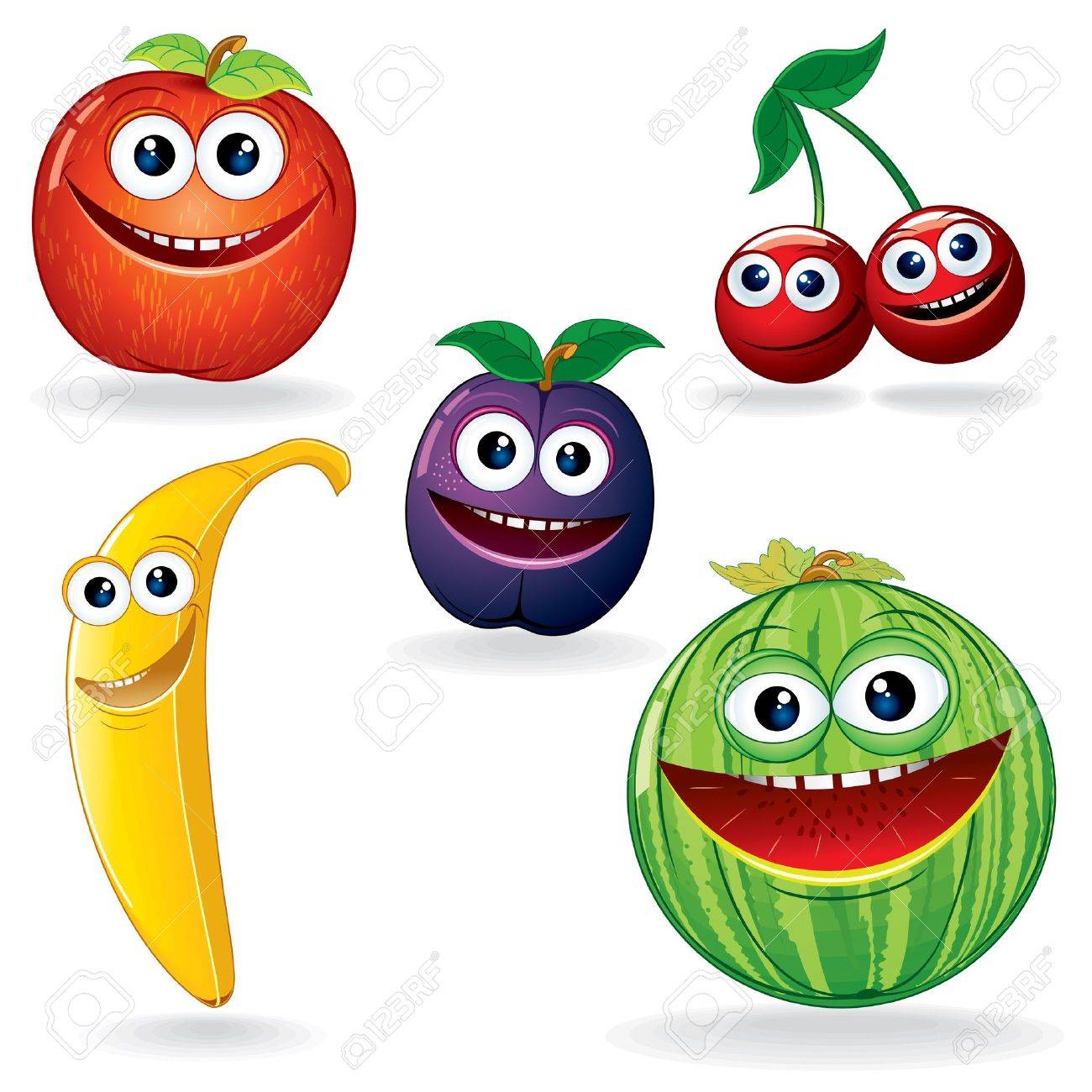 Set of Funny Vector Fruits Cartoon Clip Art.