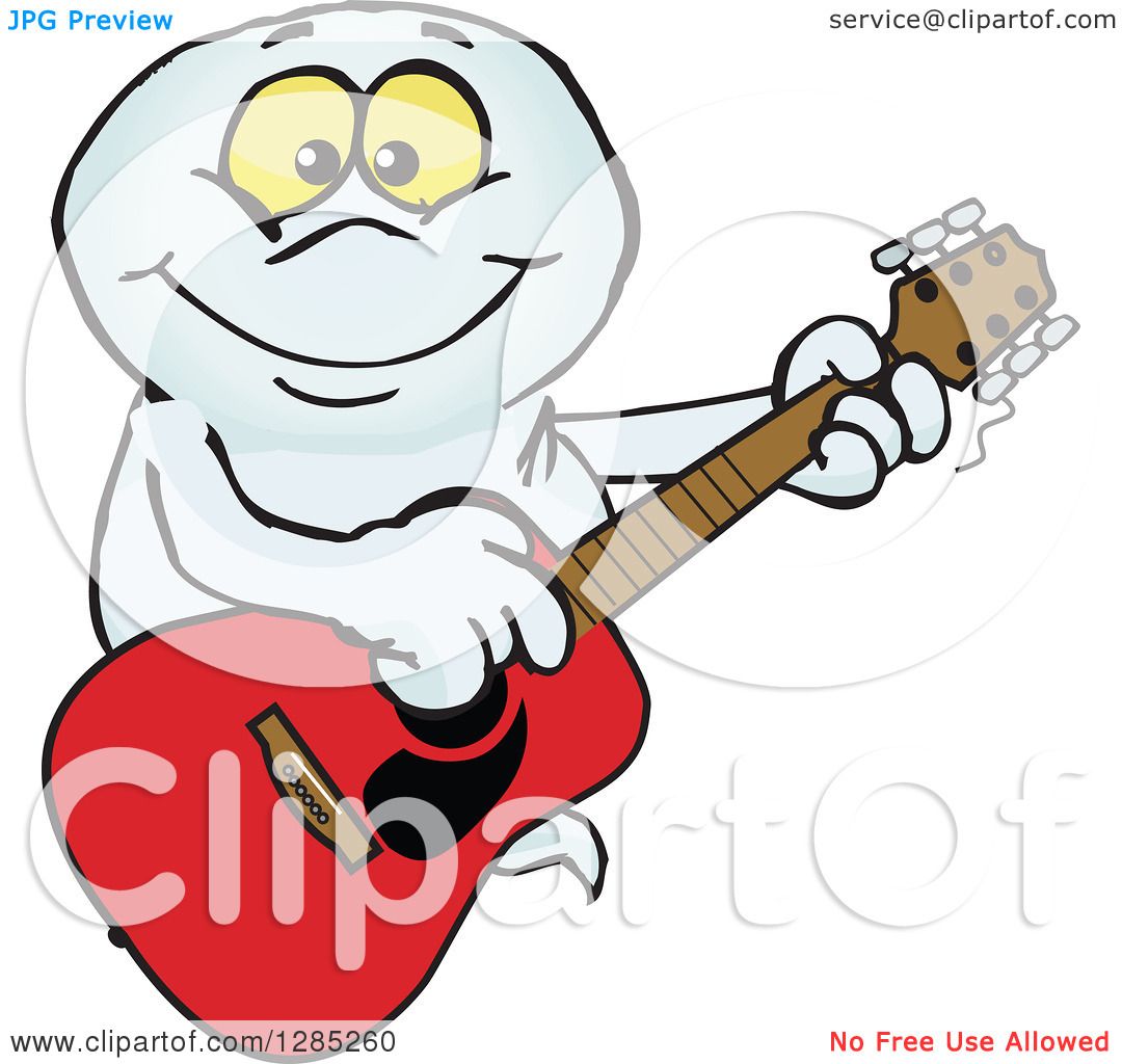 Clipart of a Cartoon Happy Ghost Playing an Acoustic Guitar.