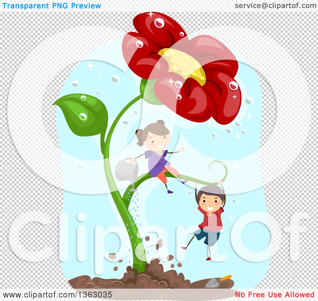 Clipart of a White Boy and Girl Playing on and Watering a Giant.