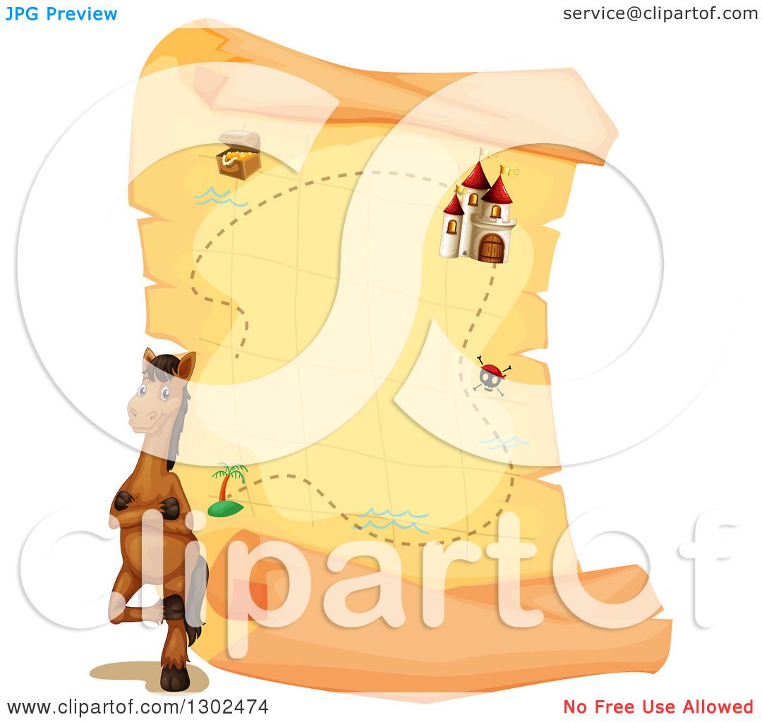 Clipart of a Brown Horse Standing by a Giant Aged Parchment.