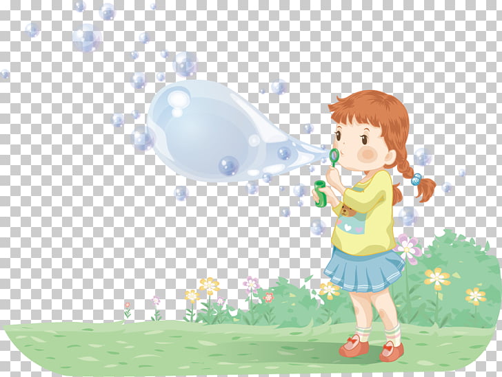 Girl Cartoon Illustration, Girl blowing bubbles PNG clipart.