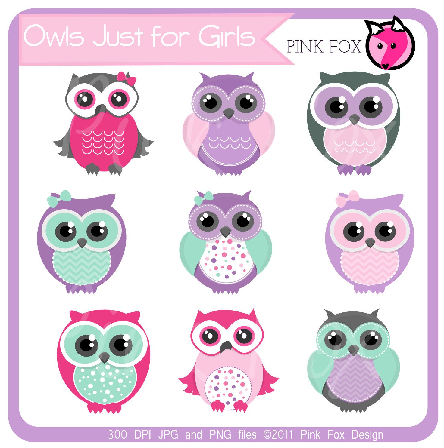 INSTANT DOWNLOAD, aqua and pink owl clipart for personal and.