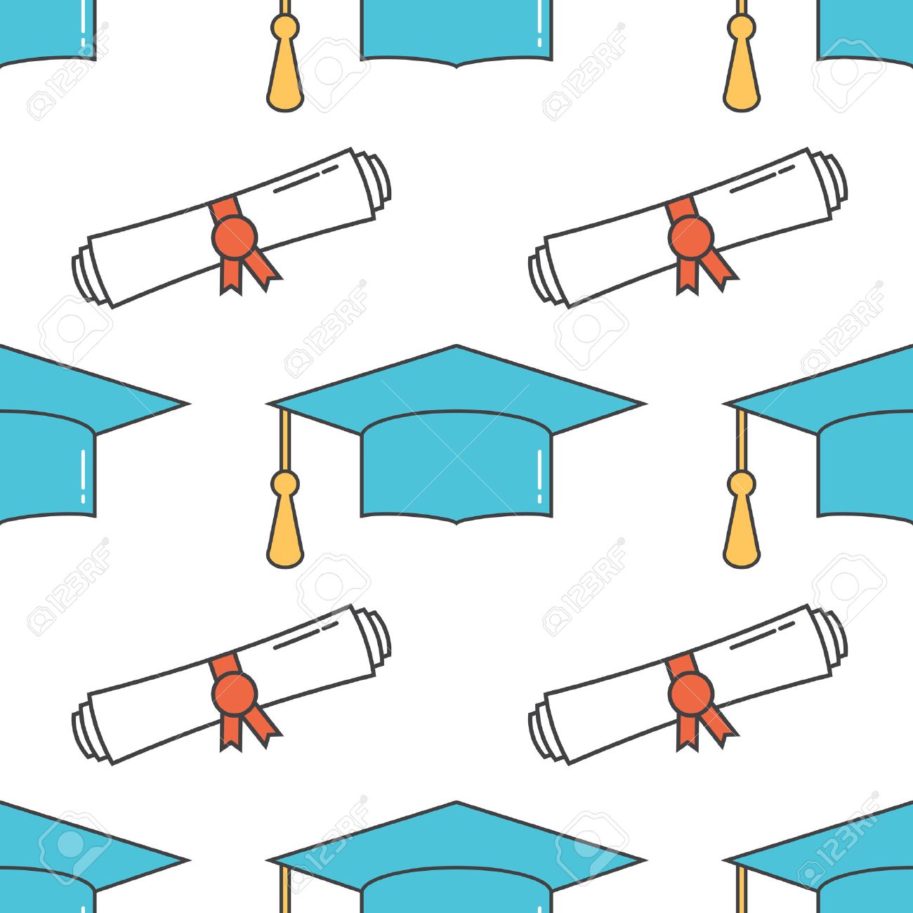 Graduation cap and diploma scroll seamless line art background.