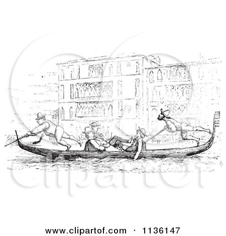 Clipart Of A Retro Vintage Gondola On The Grand Canal In Black And.