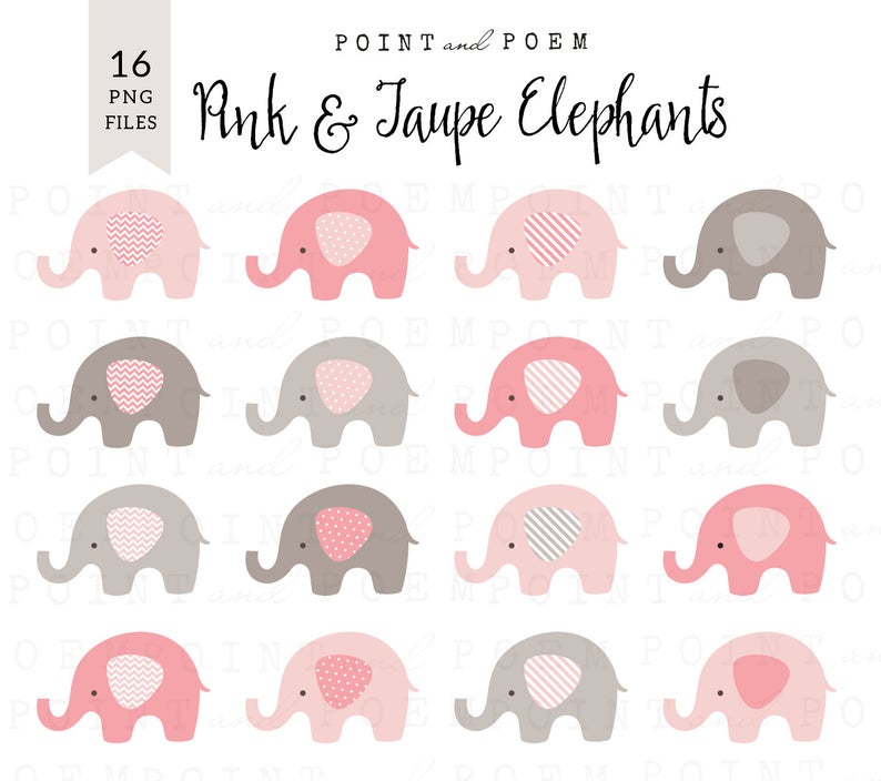 Elephants clip art, Cute Baby Elephants, Pink & Taupe Gray, Baby Girl Clip  Art Set, scrapbooking, party supplies, invites.