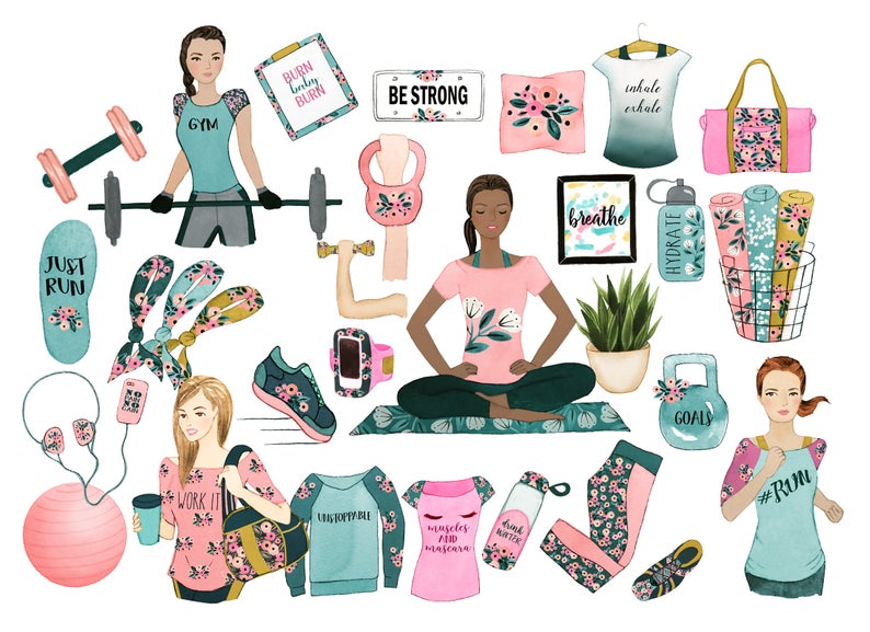 fitness clipart, gym clipart,planner clipart, spring clipart, fashion  clipart, feminine clipart, womens clipart, office clipart, clipart.