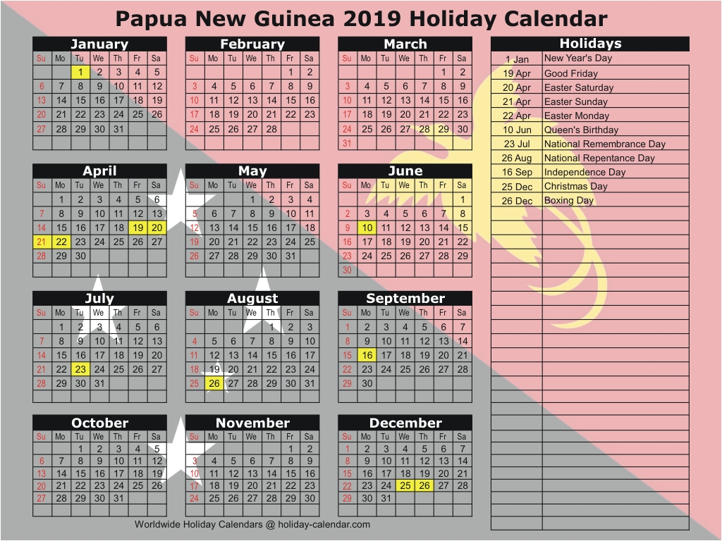 Papua New Guinea 2019 / 2020 Holiday Calendar.