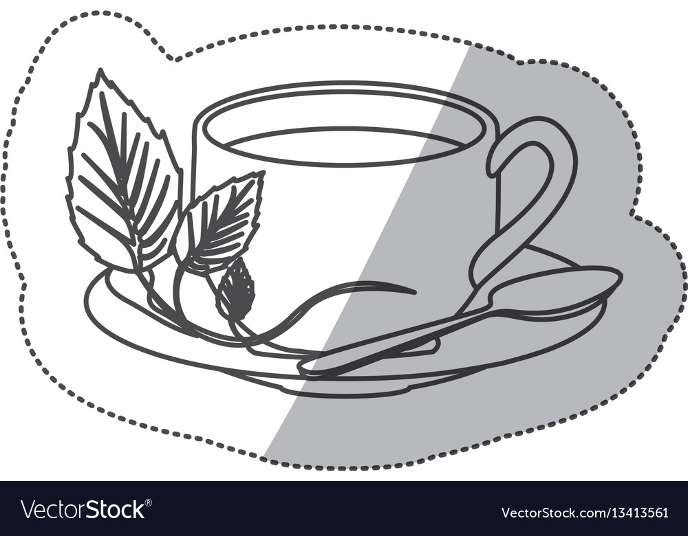 Sticker grayscale contour of hot cup of tea.