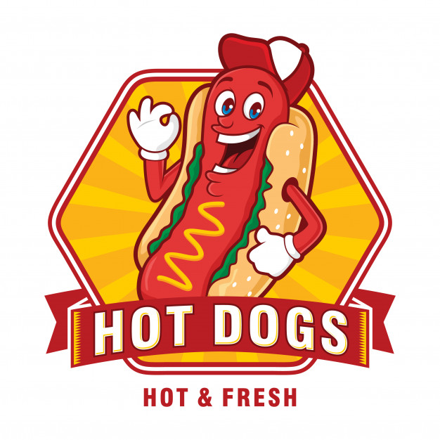 Hot dogs logo design, with funny characters Vector.