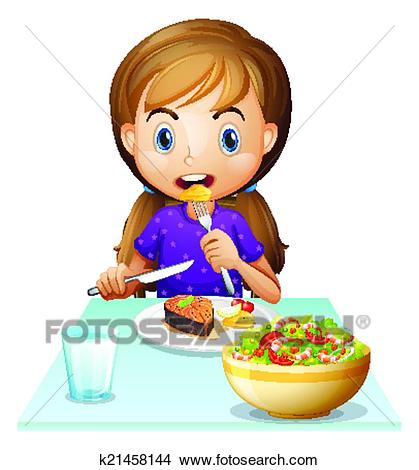 A hungry girl eating lunch Clipart.