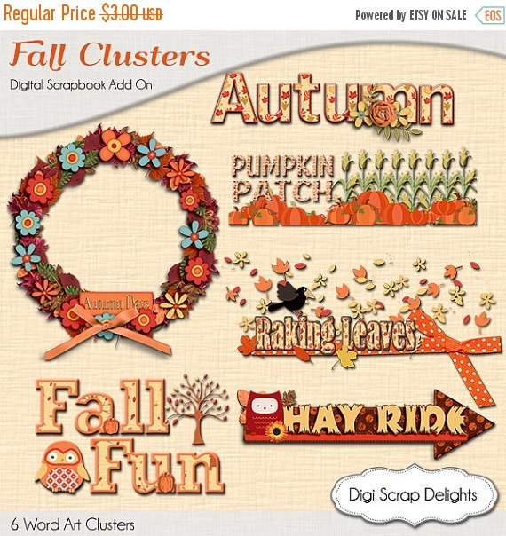 Autumn Cluster Word Art, Fall Wreath, Pumpkin Patch, Raking Leaves.