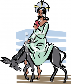 Clipart Image of Jesus riding to Jerusalem on a donkey on Palm Sunday.