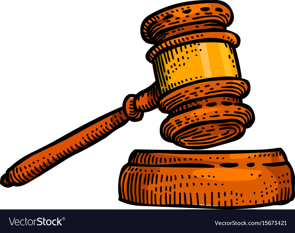 Cartoon image of law icon judge gavel symbol.