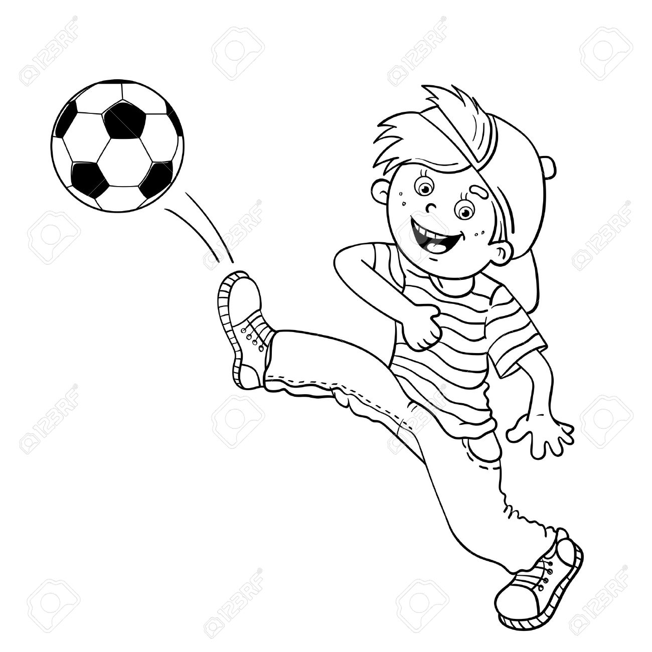 Coloring Page Outline Of A Cartoon Boy kicking a soccer ball.