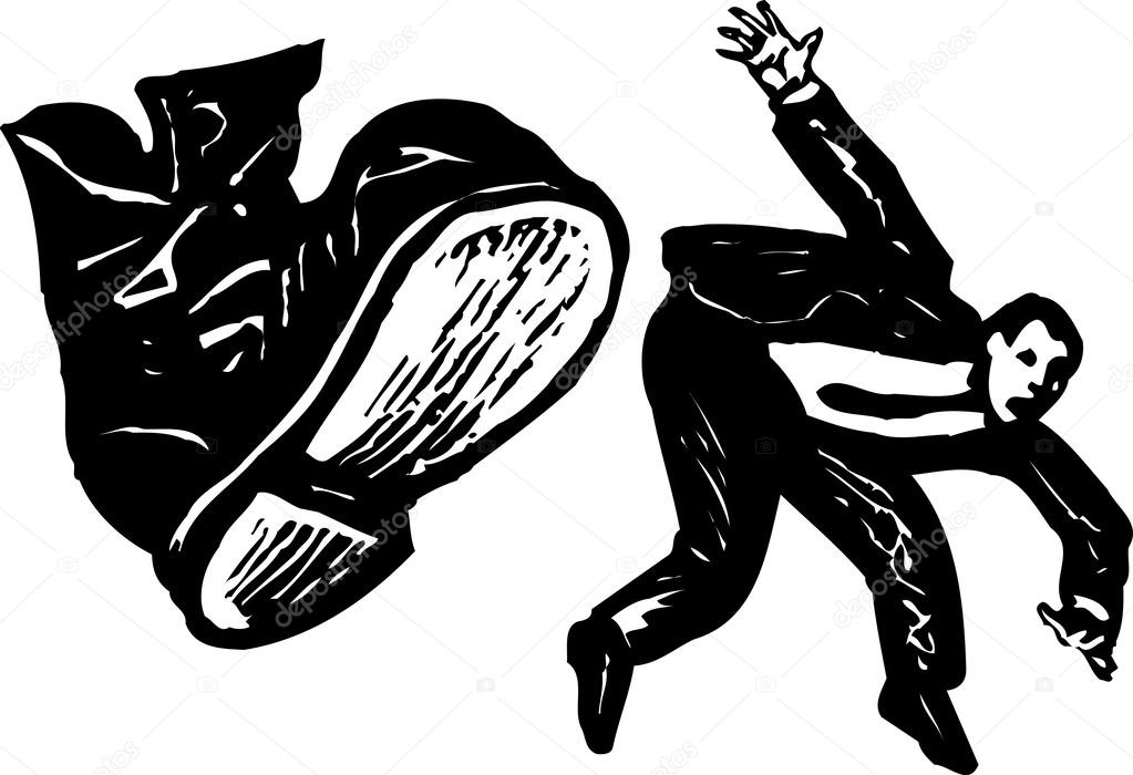 Woodcut Illustration of Man Getting Kicked by Boot — Stock Vector.