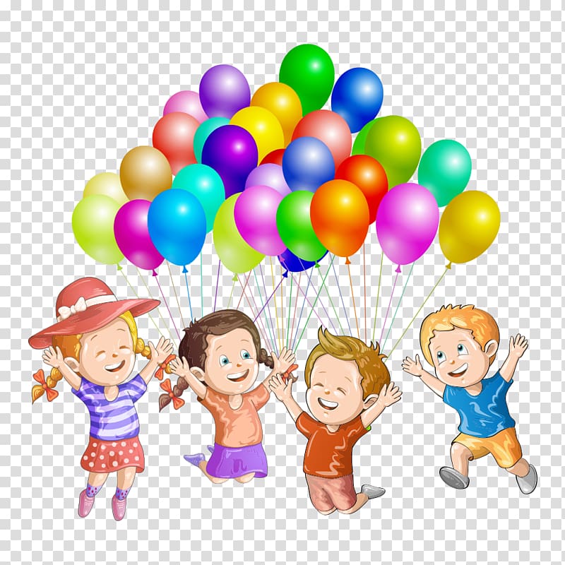 Four children holding balloons , Child Illustration, Children cheer.