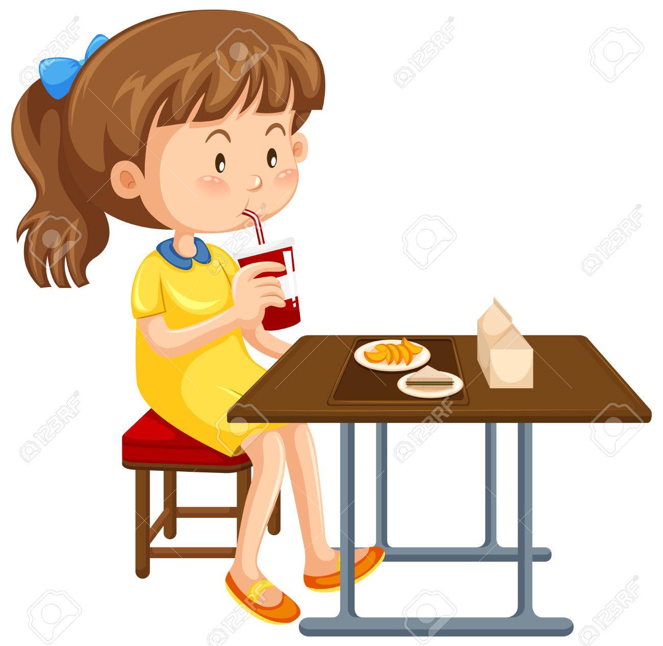 Girl Eating At Table Clipart.