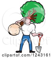 Clipart Retro Landscaper Mowing A Lawn Near A House.