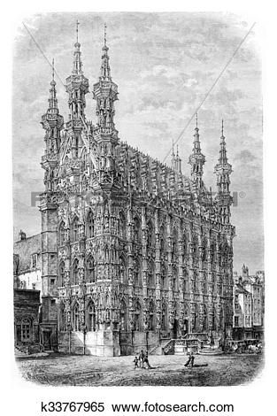 Stock Illustration of Leuven Town Hall, vintage engraving.