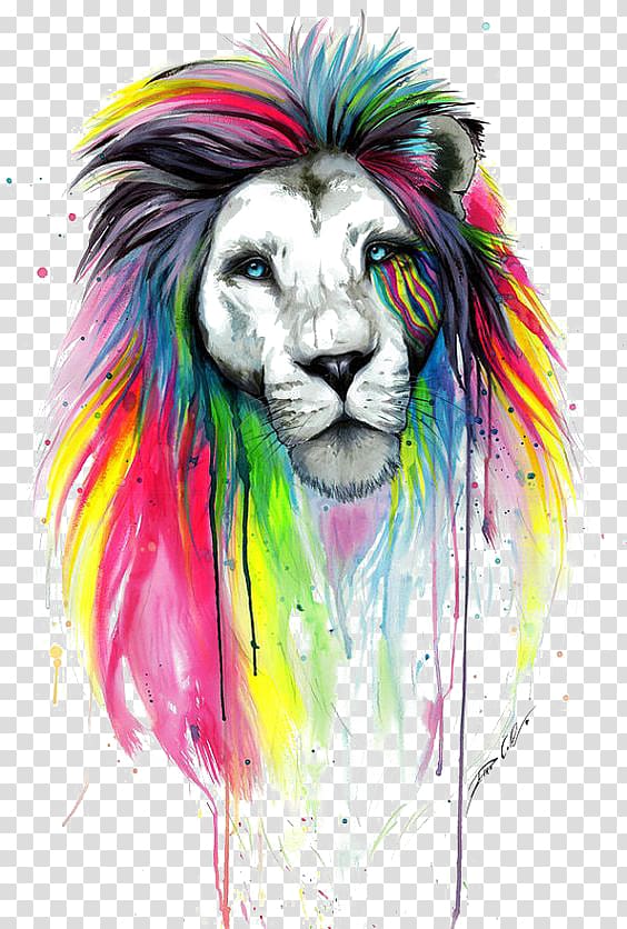 Lion Drawing Painting Art, Watercolor lion, multicolored.