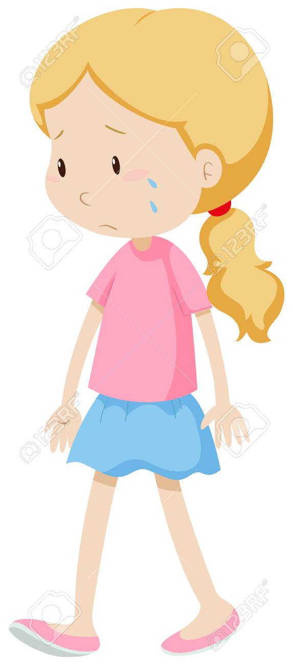 Little girl in blue skirt crying illustration.