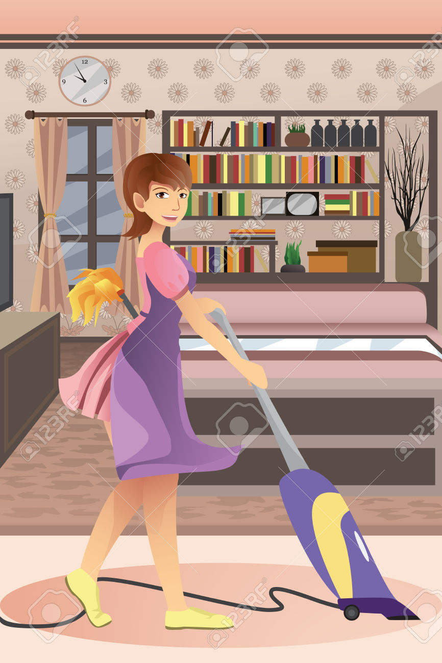 A Vector Illustration Of Happy Woman Vacuuming Carpet In The.