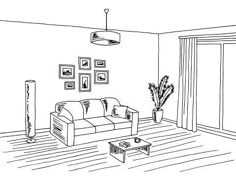 Living room interior black white graphic art sketch.