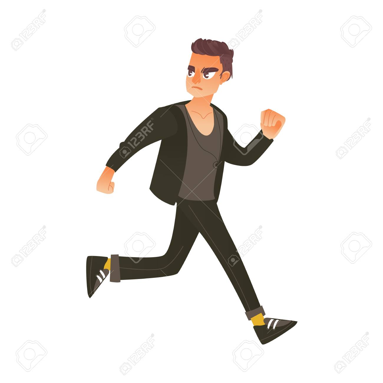 Young man in casual clothing running in panic looking back..