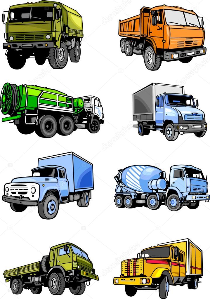 Eight lorries. Cars. — Stock Vector © Digital.